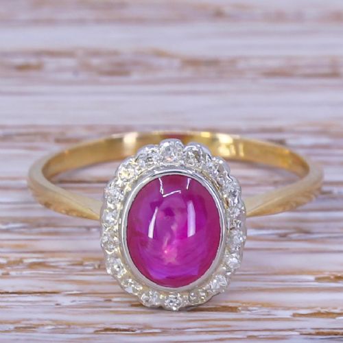 fig 1. Art Deco 1.57 Carat Mogok Burmese Cabochon Ruby & Diamond Cluster Ring, circa 1915