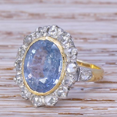 Mid Century 4.19 Carat Natural Sapphire & Rose Cut Diamond Cluster Ring, Circa 1960