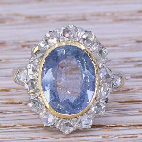 fig 1. Mid Century 4.19 Carat Natural Sapphire & Rose Cut Diamond Cluster Ring, circa 1960