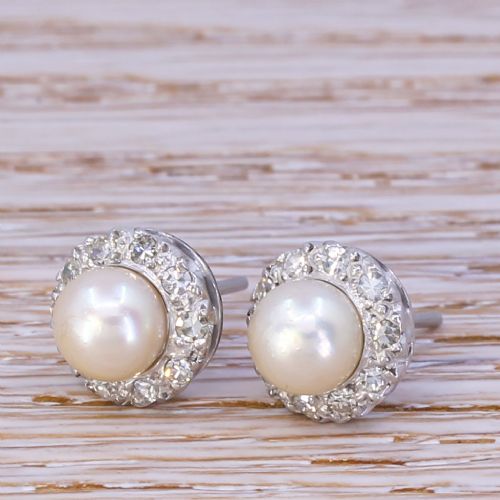 Mid Century Pearl & Diamond Cluster Earrings, Circa 1965