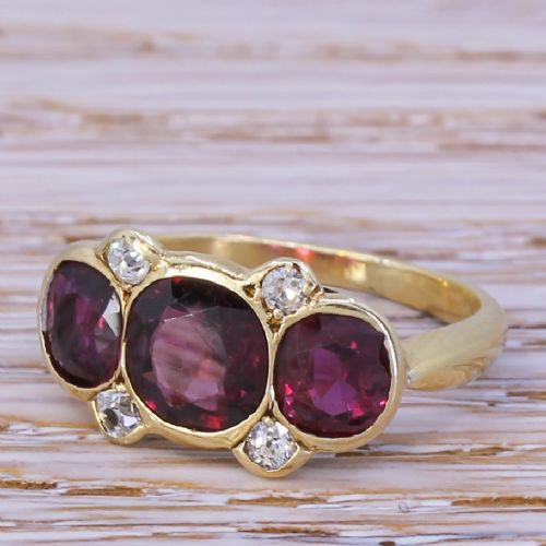 Victorian 2.30 Carat Natural Ruby Three Stone Ring, Circa 1880