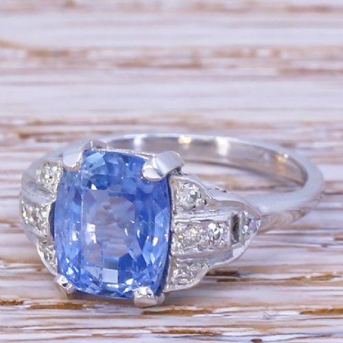 Art Deco 3.13 Carat Natural Ceylon Sapphire Ring, Circa 1930