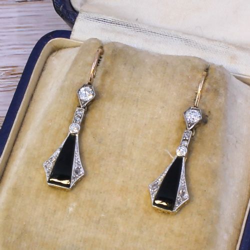 Art Deco Onyx & Old Cut Diamond Drop Earrings, Circa 1915