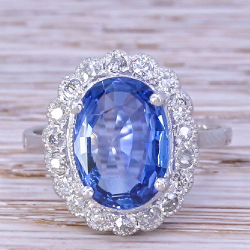 fig 1. Art Deco 4.06 Carat Natural Ceylon Sapphire & Diamond Cluster Ring, circa 1925