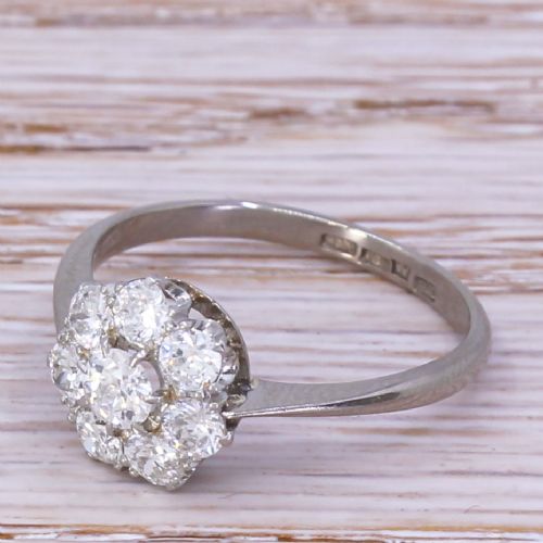 Mid Century 0.90 Carat Transitional Cut Diamond Cluster Ring, Circa 1955