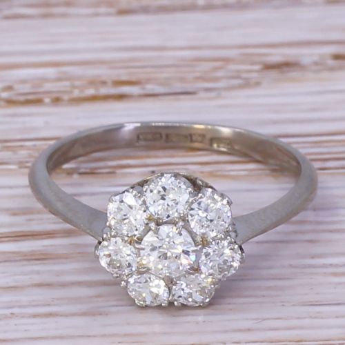fig 1. Mid Century 0.90 Carat Transitional Cut Diamond Cluster Ring, circa 1955