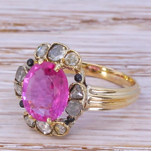Victorian 1.75 Carat Pink Sapphire & Rose Cut Diamond Ring, Circa 1900