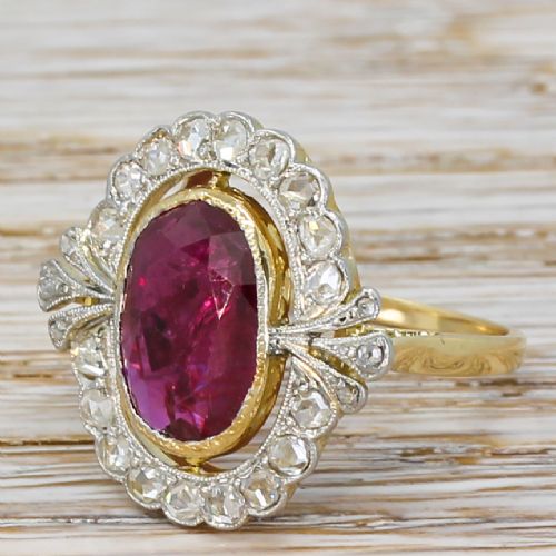 Mid Century 2.87 Carat Ruby & Rose Cut Diamond Cluster Ring, Circa 1950