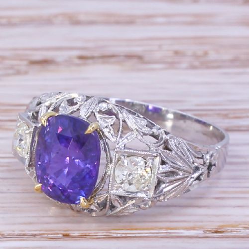 Art Deco 2.60 Carat Natural Ceylon Sapphire & Diamond Ring, Circa 1940