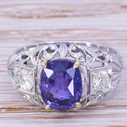 fig 1. Art Deco 2.60 Carat Natural Ceylon Sapphire & Diamond Ring, circa 1940