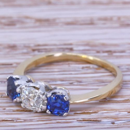 Art Deco 0.47 Carat Old Cut Diamond & 0.82 Carat Sapphire Trilogy Ring, Circa 1920