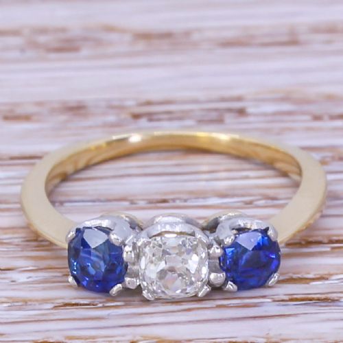 fig 1. Art Deco 0.47 Carat Old Cut Diamond & 0.82 Carat Sapphire Trilogy Ring, circa 1920