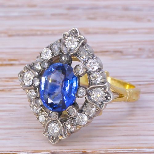 Victorian 1.85 Carat Sapphire & 0.82 Carat Old Cut Diamond Cluster Ring, Circa 1900