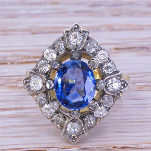 fig 1. Victorian 1.85 Carat Sapphire & 0.82 Carat Old Cut Diamond Cluster Ring, circa 1900