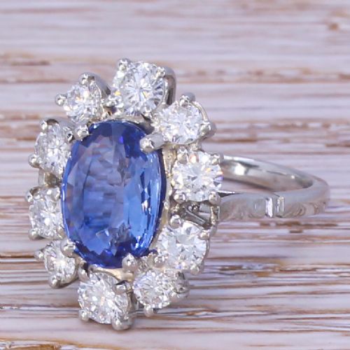 Mid Century 3.06 Carat Sapphire & Diamond Cluster Ring, Circa 1960