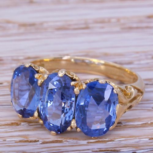 Victorian 4.70 Carat Ceylon Sapphire Trilogy Ring, Circa 1980