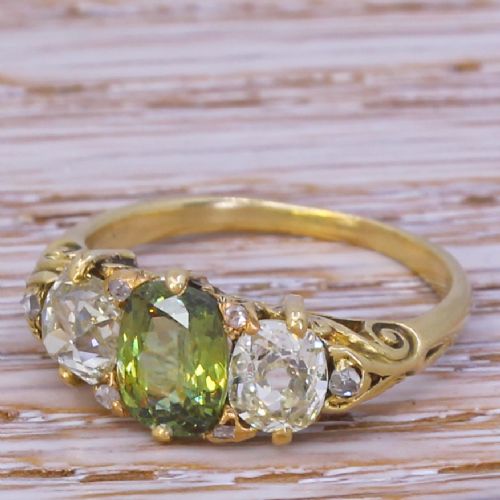 Victorian 1.00 Carat Demantoid Garnet & 1.30 Carat Old Cut Diamond Ring, Circa 1890