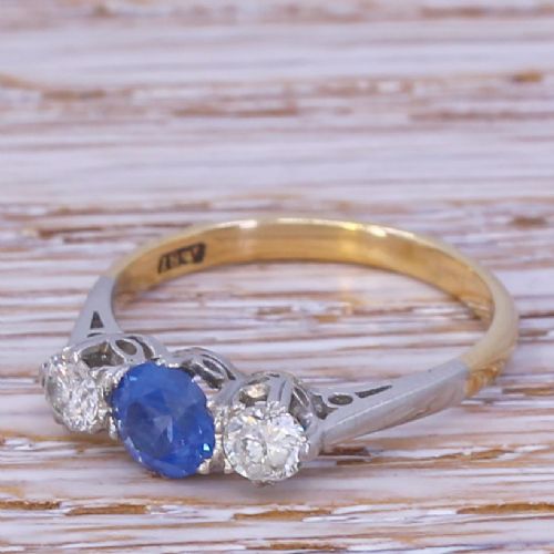 Mid Century 0.50 Carat Sapphire & 0.40 Carat Diamond Trilogy Ring, Circa 1960