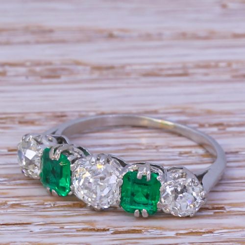 Art Deco 1.63 Carat Diamond & 0.72 Carat Emerald Five Stone Ring, Circa 1930