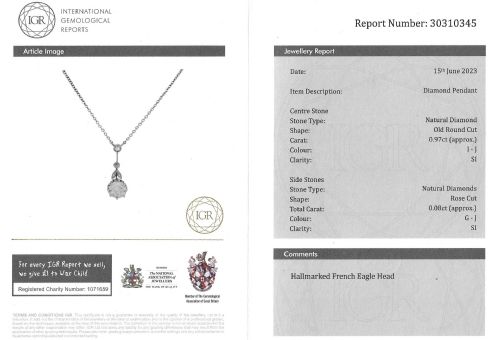 MID CENTURY 097 CARAT OLD CUT DIAMOND PENDANT CIRCA 1950 - ADDITIONAL PHOTO 7