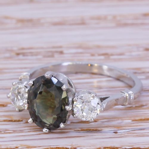Mid Century 2.04 Carat Natural Sapphire & Old Cut Diamond Trilogy Ring, Circa 1955