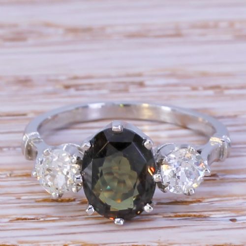 fig 1. Mid Century 2.04 Carat Natural Sapphire & Old Cut Diamond Trilogy Ring, circa 1955