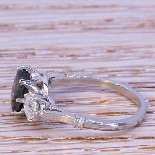 fig 2. Mid Century 2.04 Carat Natural Sapphire & Old Cut Diamond Trilogy Ring, circa 1955