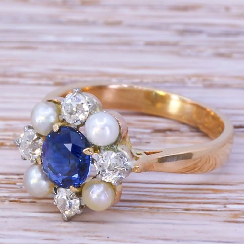 Art Deco Sapphire, Diamond & Pearl Cluster Ring, Dated 1931