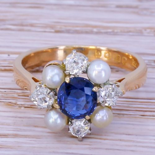 fig 1. Art Deco Sapphire, Diamond & Pearl Cluster Ring, dated 1931