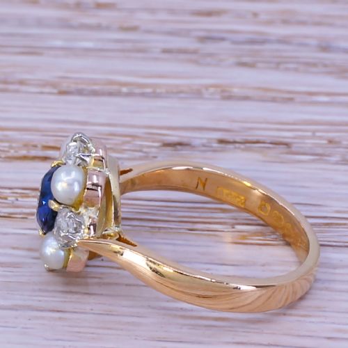 fig 2. Art Deco Sapphire, Diamond & Pearl Cluster Ring, dated 1931