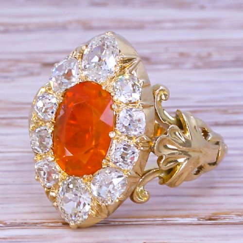 Victorian 1.15 Carat Fire Opal & 1.50 Carat Old Cut Diamond Ring, Circa 1890