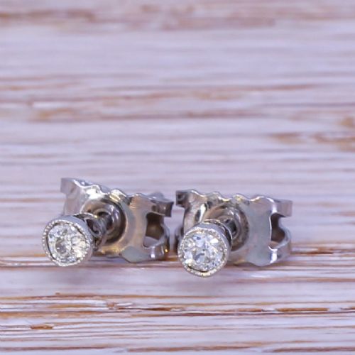 0.20 Carat Old Cut Diamond Stud Earrings, 18k White Gold