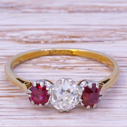 fig 2. Art Deco 0.64 Carat Old Cut Diamond & 0.58 Carat Ruby Trilogy Ring, circa 1920