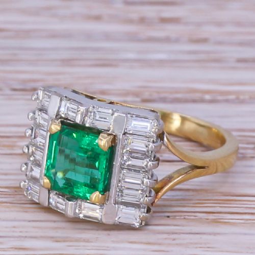 Mid Century 1.14 Carat Minor Oil Emerald & Baguette Cut Diamond Ring, Circa 1960