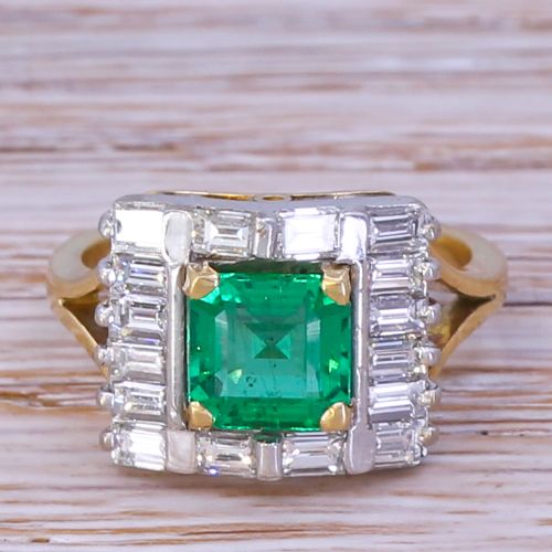 fig 1. Mid Century 1.14 Carat Minor Oil Emerald & Baguette Cut Diamond Ring, circa 1960