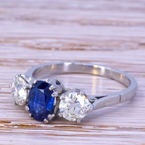 Art Deco 1.00 Carat Burmese Sapphire & 1.00 Carat Old Cut Diamond Trilogy Ring, Circa 1925