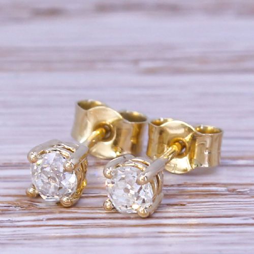 0.41 Carat Old Mine Cut Diamond Stud Earrings, 18k Yellow Gold