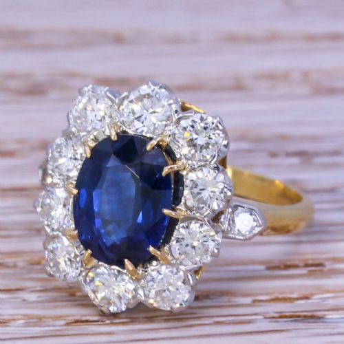 Mid Century 1.90 Carat Sapphire & 1.25 Carat Diamond Cluster Ring, Circa 1960
