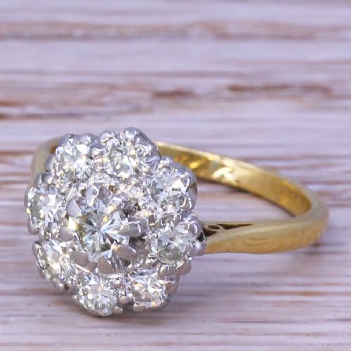 Mid Century 1.00 Carat Brilliant Cut Diamond Cluster Ring, Dated 1968