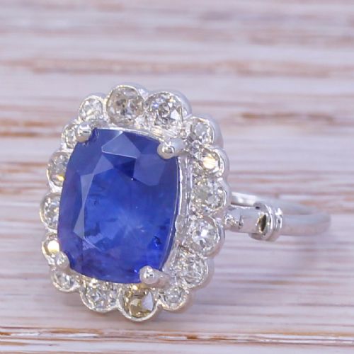 Mid Century 4.17 Carat Sapphire & Diamond Cluster Ring, Circa 1950