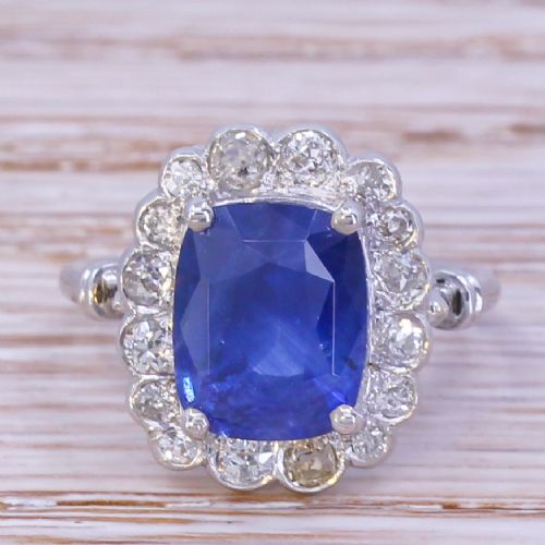 fig 1. Mid Century 4.17 Carat Sapphire & Diamond Cluster Ring, circa 1950