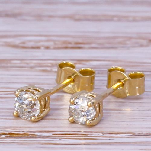 0.41 Carat Old European Cut Diamond Stud Earrings, 18k Gold