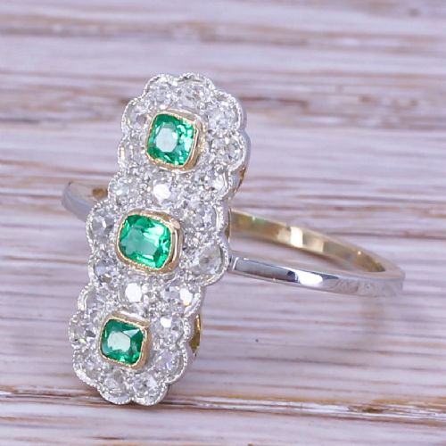 Edwardian Emerald & Old Cut Diamond Triple Cluster Ring, Circa 1910