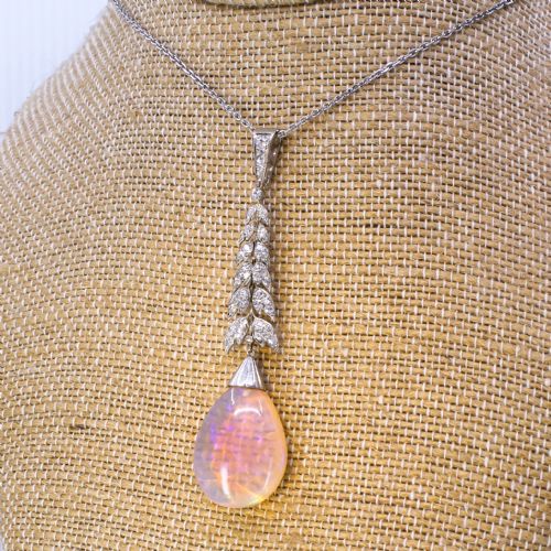 Art Deco 20.00 Carat Opal & Old Cut Diamond Pendant, Circa 1940
