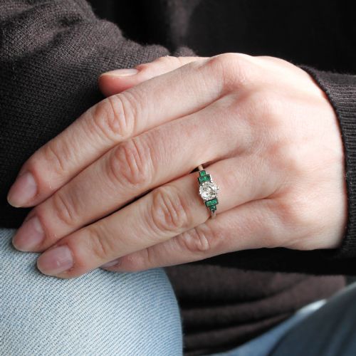 fig 1. 0.89 Carat Old Cut Diamond & Emerald Ring, Platinum