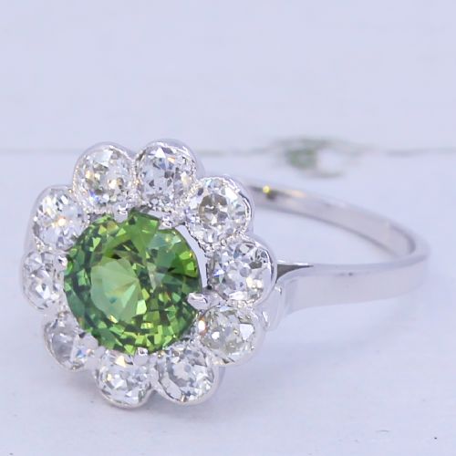 Art Deco 2.04 Carat Natural Green Sapphire & Old Cut Diamond Ring, Circa 1940