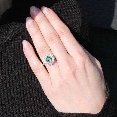fig 1. Art Deco 2.04 Carat Natural Green Sapphire & Old Cut Diamond Ring, circa 1940