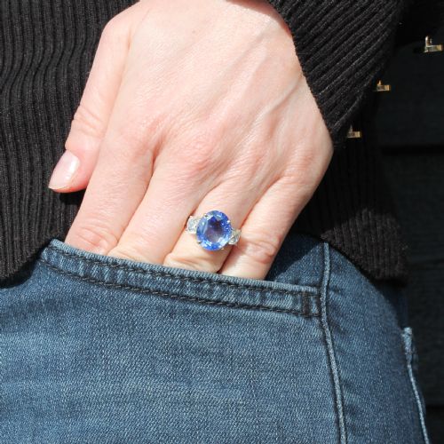 fig 1. Art Deco 7.13 Carat Sapphire & 1.11 Carat Old Cut Diamond Trilogy Ring, circa 1920