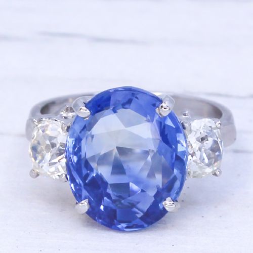 fig 2. Art Deco 7.13 Carat Sapphire & 1.11 Carat Old Cut Diamond Trilogy Ring, circa 1920
