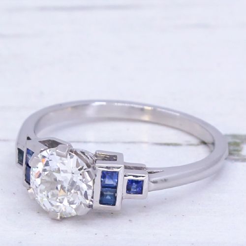 0.91 Carat Old Cut Diamond & Sapphire Ring, Platinum